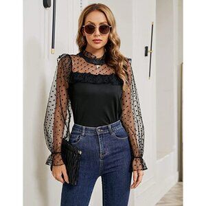 Black Swiss Polka Dot Ruffle Mesh Puff Sheer Sleeve Long Sleeve‎ Top Blouse